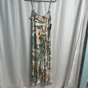 Volcom Women’s Floral Drawstring Slit Ruffle Hem Maxi Dress Medium